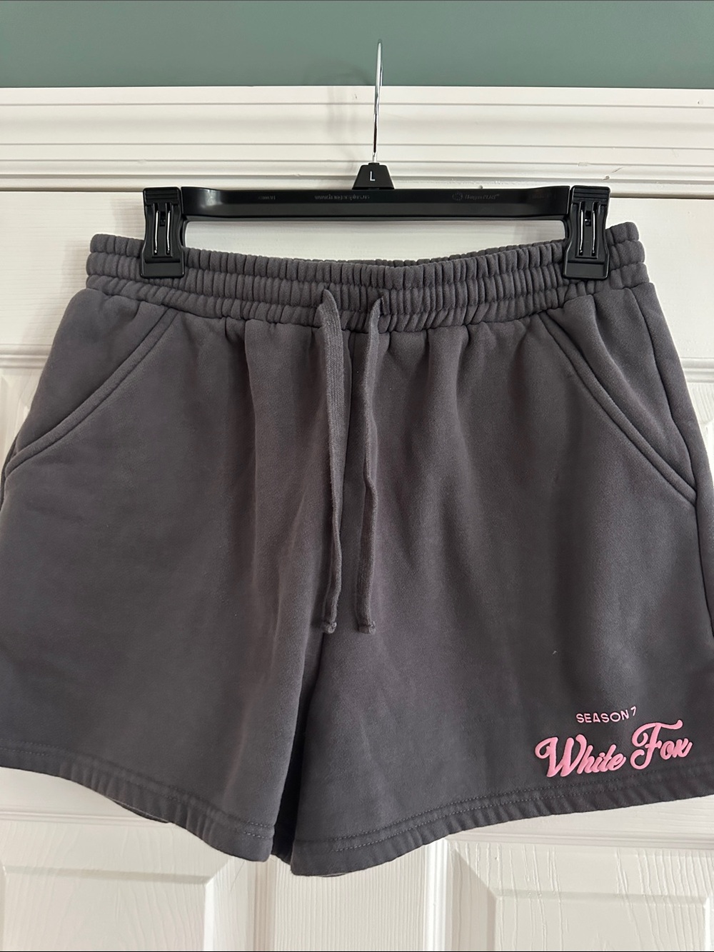 White Fox Boutique Charcoal Drawstring Shorts with Pink Logo